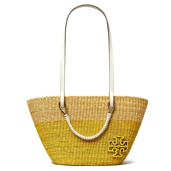 Tory Burch Women's Small Ella Straw Striped Basket Tote - Natural/Banana Yellow - Picture 1 of 8